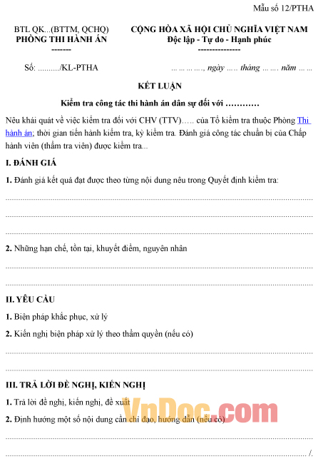 Mẫu số 12/PTHA: Kết luận kiểm tra công tác thi hành án dân sự