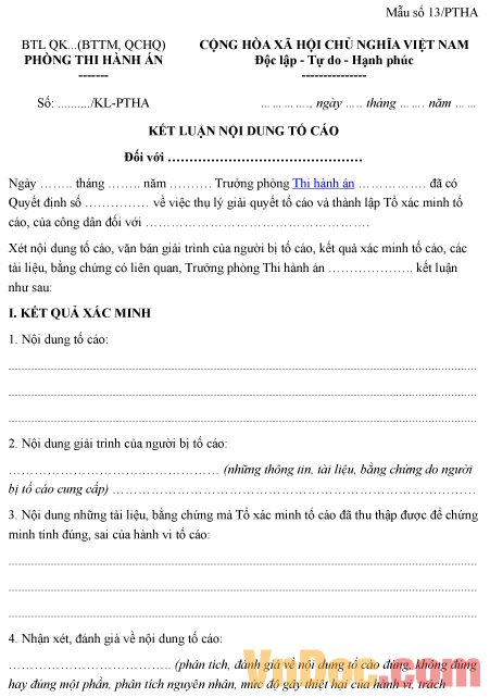 Mẫu số 13/PTHA: Kết luận nội dung tố cáo