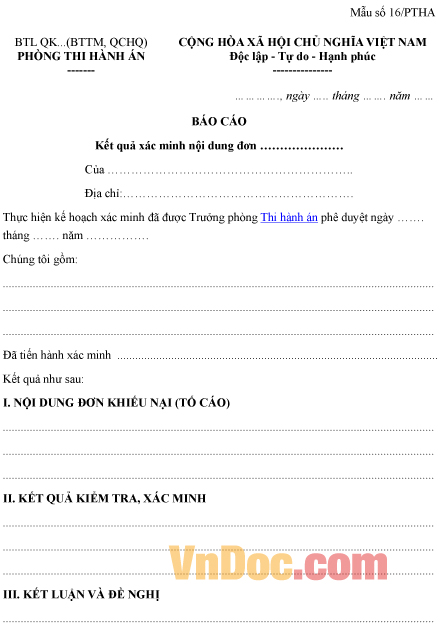 Mẫu báo cáo về kết quả xác minh nội dung đơn