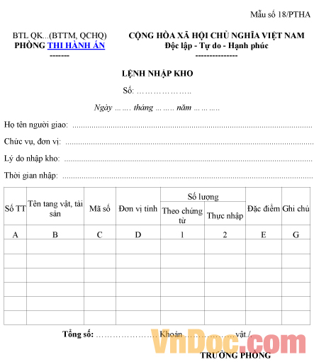 Mẫu lệnh nhập kho