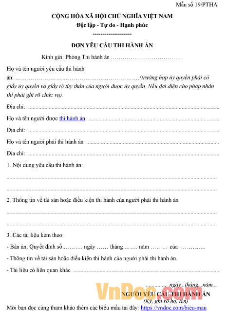 Mẫu số 19/PTHA: Đơn yêu cầu thi hành án