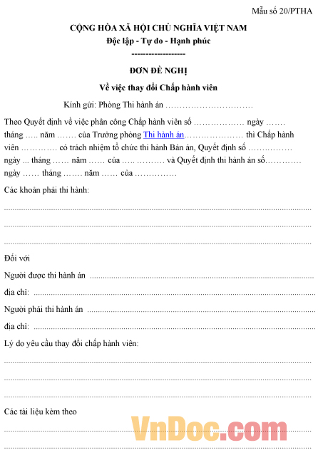 Mẫu đơn đề nghị về việc thay đổi chấp hành viên