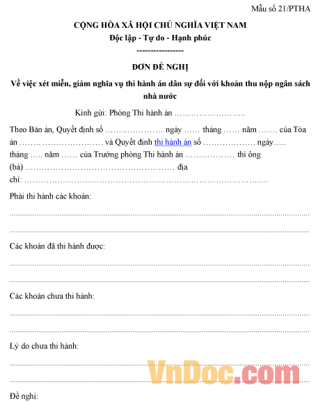 Mẫu đơn đề nghị xét miễn, giảm nghĩa vụ thi hành án dân sự với khoản thu nộp ngân sách nhà nước
