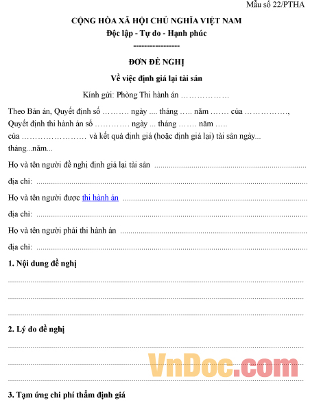 Mẫu đơn đề nghị về việc định giá lại tài sản