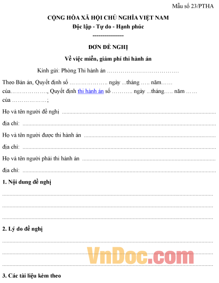 Mẫu đơn đề nghị miễn, giảm phí thi hành án