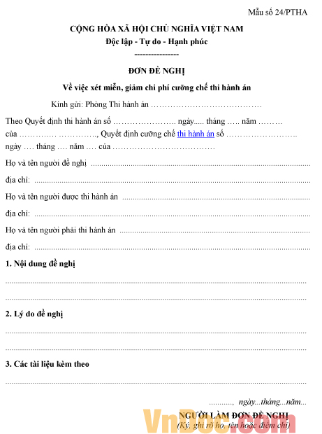 Mẫu đơn đề nghị về việc xét miễn, giảm chi phí cưỡng chế thi hành án