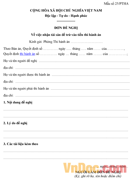 Mẫu đơn đề nghị về việc nhận tài sản để trừ vào tiền thi hành án
