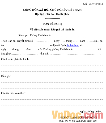 Mẫu đơn đề nghị về việc xác nhận kết quả thi hành án