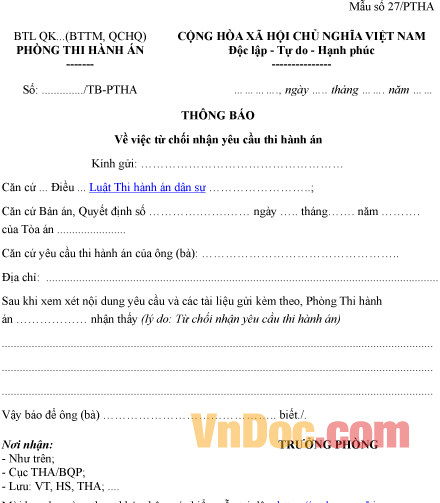 Mẫu thông báo về việc từ chối nhận yêu cầu thi hành án