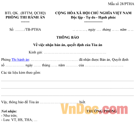 Mẫu thông báo về việc nhận bản án, quyết định của tòa án