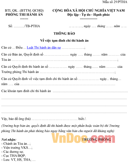 Mẫu thông báo về việc tạm đình chỉ thi hành án