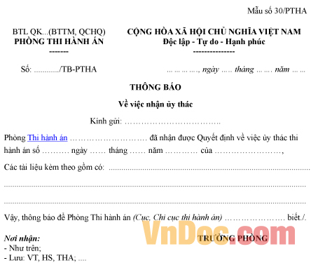 Mẫu thông báo về việc nhận ủy thác