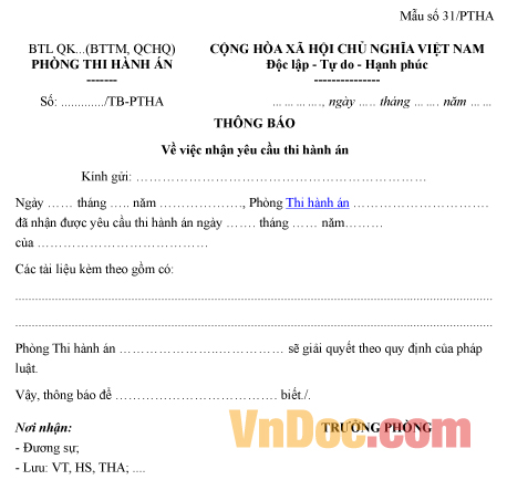 Mẫu thông báo về việc nhận yêu cầu thi hành án