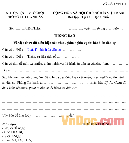 Mẫu thông báo chưa đủ điều kiện xét miễn, giảm nghĩa vụ thi hành án dân sự