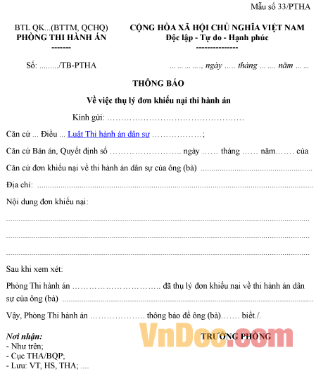 Mẫu thông báo về việc thụ lý đơn khiếu nại thi hành án