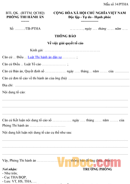 Mẫu thông báo về việc giải quyết tố cáo