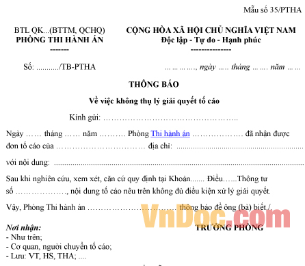 Mẫu thông báo về việc không thụ lý giải quyết tố cáo