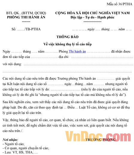 Mẫu thông báo về việc không thụ lý tố cáo tiếp