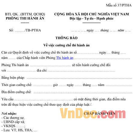 Mẫu thông báo về việc cưỡng chế thi hành án