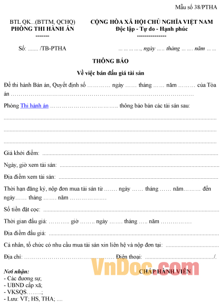 Mẫu thông báo về việc bán đấu giá tài sản