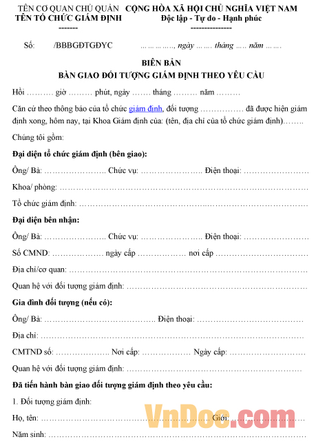 Mẫu biên bản về việc bàn giao đối tượng giám định theo yêu cầu