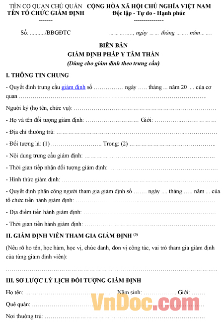 Mẫu biên bản ghi chép giám định pháp y tâm thần