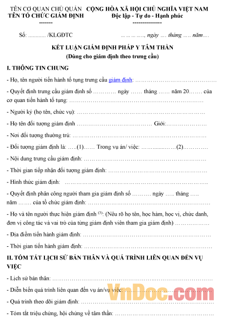 Mẫu kết luận về việc giám định pháp y tâm thần