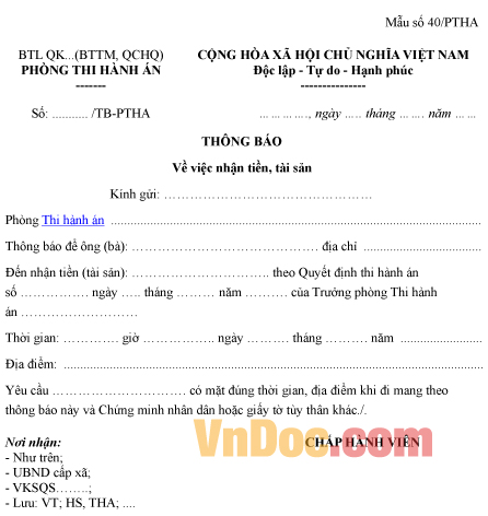 Mẫu thông báo nhận tiền, tài sản