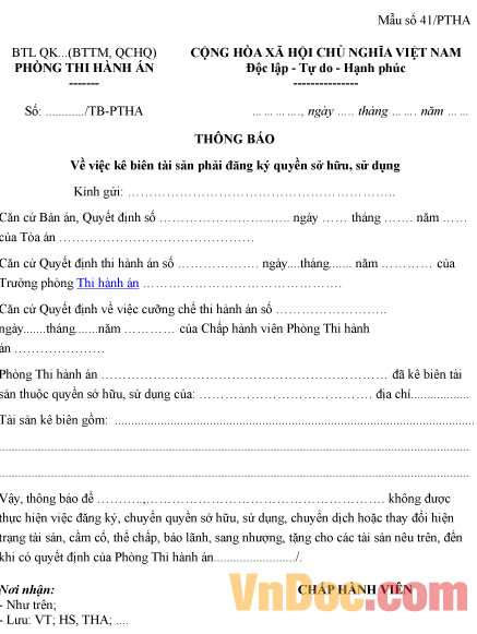 Mẫu thông báo kê biên tài sản phải đăng ký quyền sở hữu, sử dụng