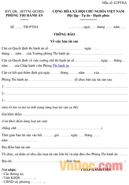 Mẫu thông báo về việc bán tài sản
