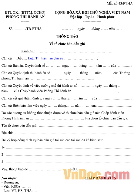 Mẫu thông báo về việc tổ chức bán đấu giá