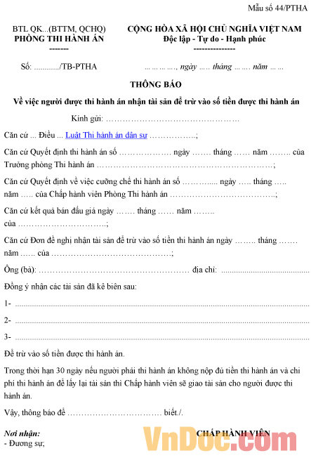 Mẫu thông báo người được thi hành án nhận tài sản để trừ vào số tiền được thi hành án