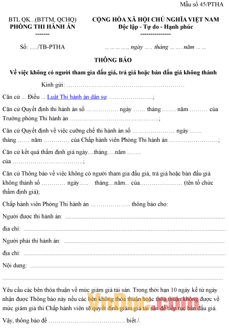 Mẫu thông báo không có người tham gia đấu giá, trả giá hoặc bán đấu giá không thành