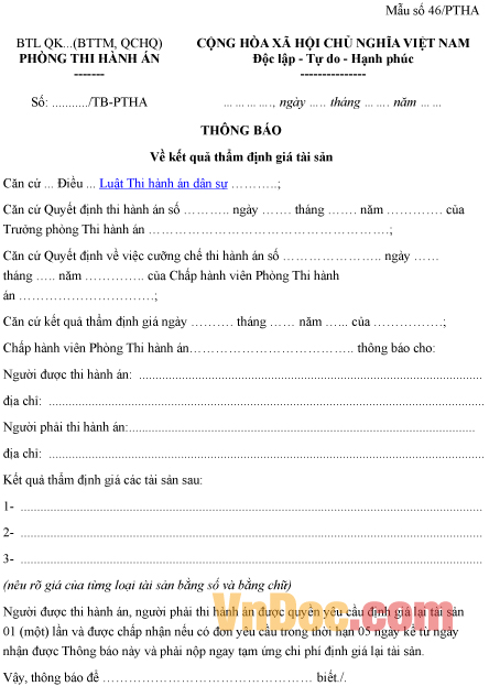 Mẫu thông báo kết quả thẩm định giá tài sản