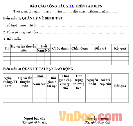 Mẫu báo cáo về công tác y tế trên tàu biển