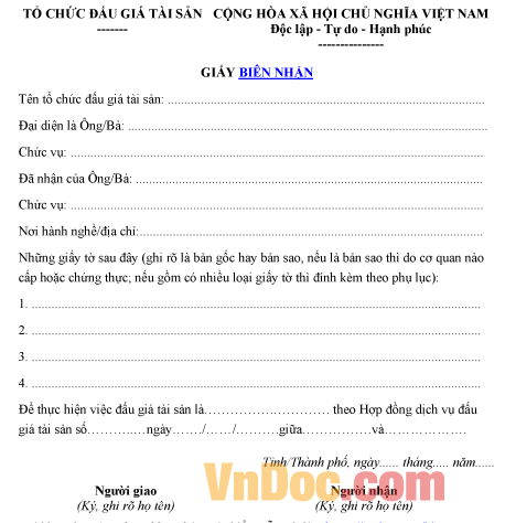 Mẫu giấy biên nhận về việc đấu giá tài sản