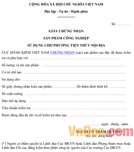 Mẫu giấy chứng nhận về sản phẩm công nghiệp dùng cho phương tiện thủy nội địa