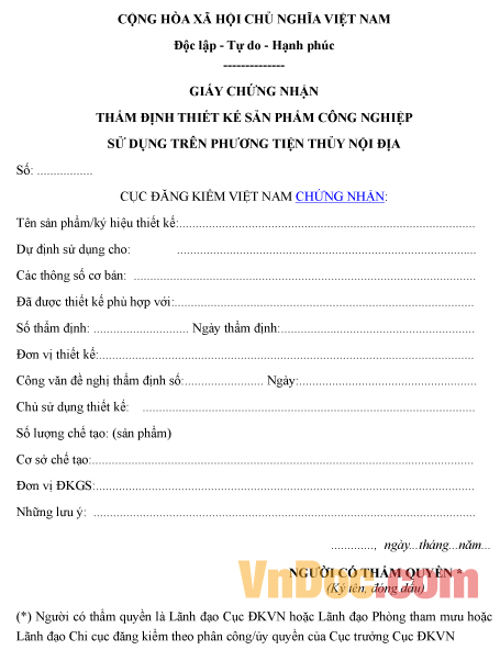 Mẫu giấy chứng nhận thẩm định thiết kế sản phẩm công nghiệp dùng cho phương tiện thủy nội địa