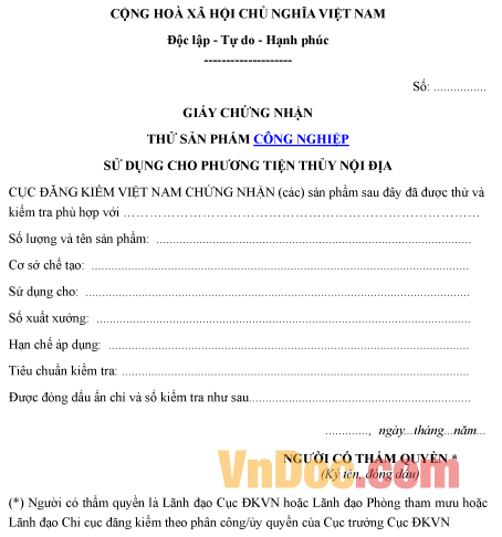 Mẫu giấy chứng nhận về việc thử sản phẩm công nghiệp