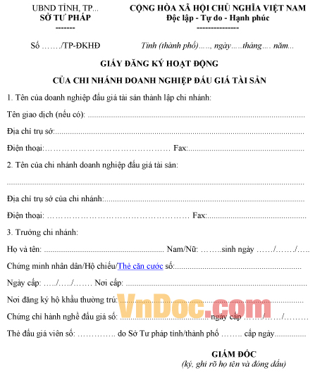 Mẫu giấy đăng ký hoạt động của chi nhánh doanh nghiệp đấu giá