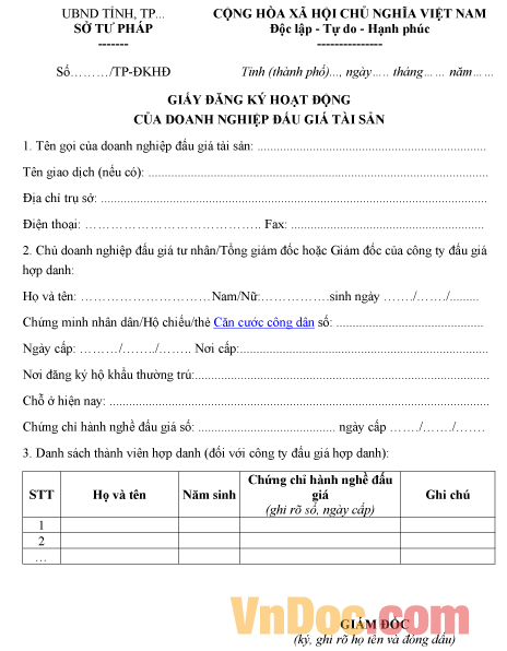 Mẫu giấy đăng ký hoạt động của doanh nghiệp đấu giá