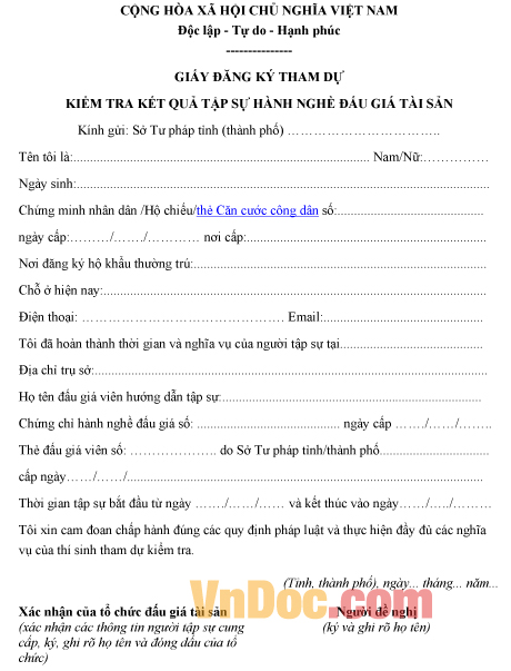 Mẫu giấy đăng ký tham dự kiểm tra kết quả tập sự hành nghề đấu giá tài sản