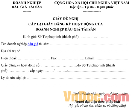 Mẫu đơn xin cấp lại giấy đăng ký hoạt động của doanh nghiệp đấu giá