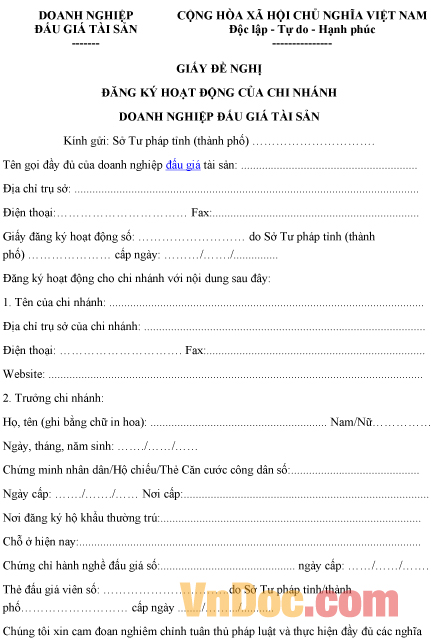 Mẫu giấy đề nghị đăng ký hoạt động của chi nhánh doanh nghiệp đấu giá tài sản