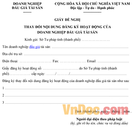 Mẫu giấy đề nghị thay đổi nội dung đăng ký hoạt động của doanh nghiệp đấu giá tài sản
