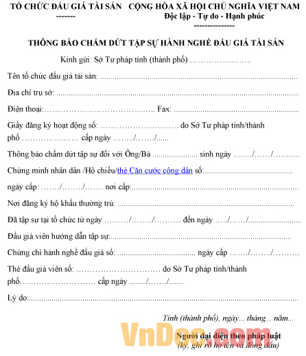 Mẫu thông báo về việc chấm dứt tập sự hành nghề đấu giá tài sản