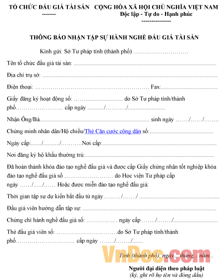 Mẫu thông báo về việc nhận tập sự hành nghề đấu giá tài sản