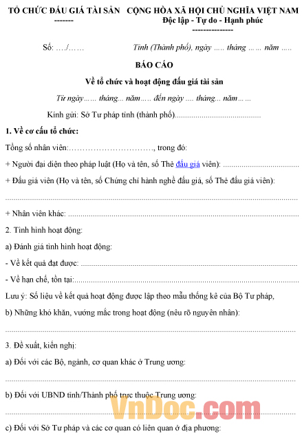 Mẫu báo cáo về việc tổ chức và hoạt động đấu giá tài sản