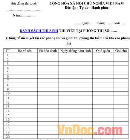 Mẫu danh sách thí sinh thi viết cuộc thi nâng ngạch công chức