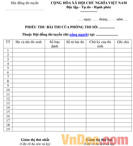 Mẫu phiếu thu bài thi nâng ngạch công chức